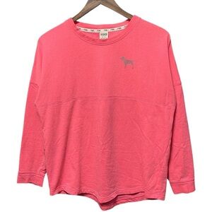 pink silver Victoria’s Secret pink long sleeve crewneck dog logo graphic Shirt